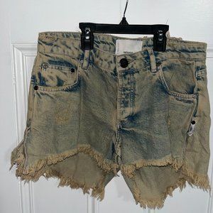 ONE TEASPOON:KHAKI LOGO JACQUARD OUTLAWS MID WAIST DENIM SHORT-aCID WASH SIZE 26